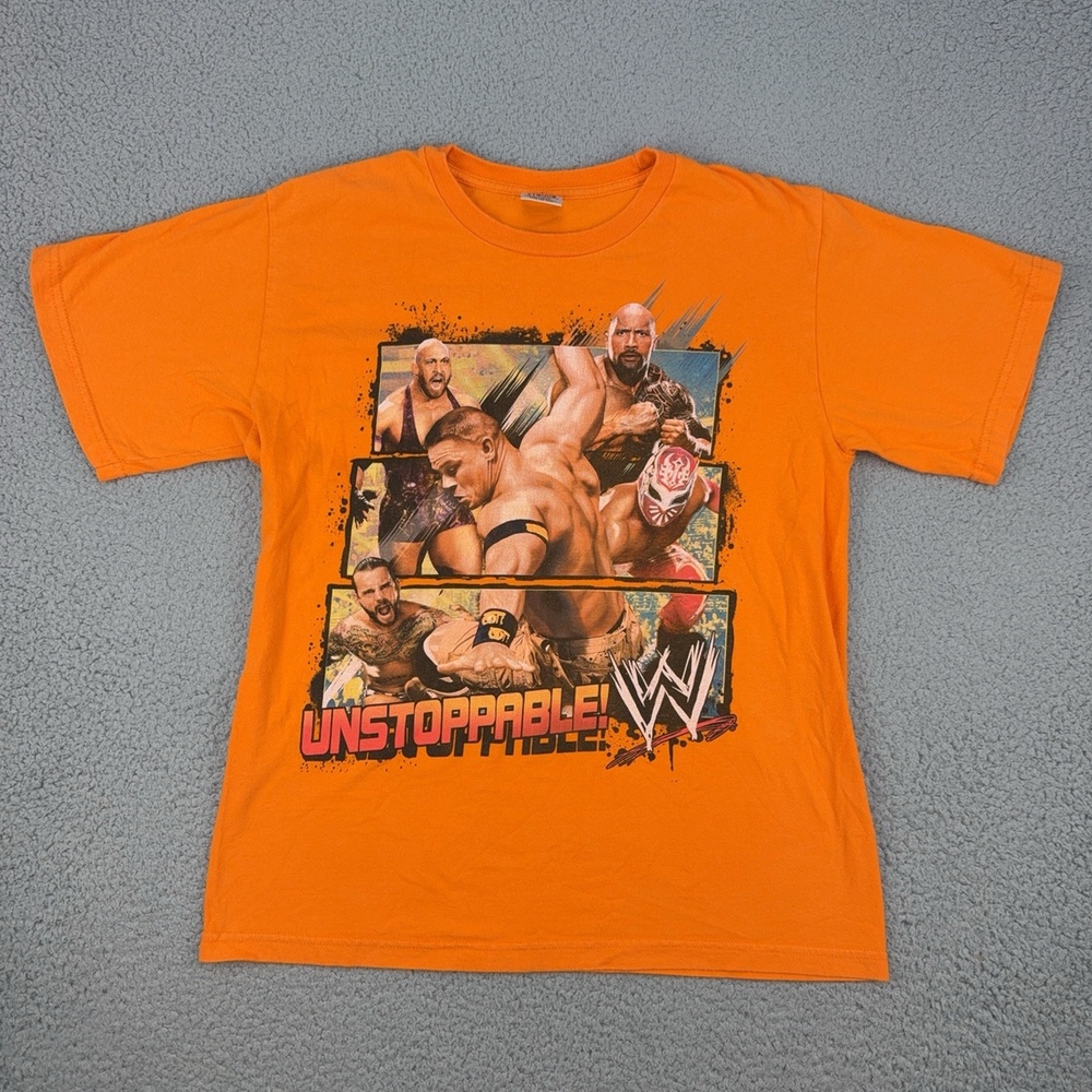 WWE John Cena The Rock Rey Mysterio Shirt Youth XL Orange Unstoppable Tee